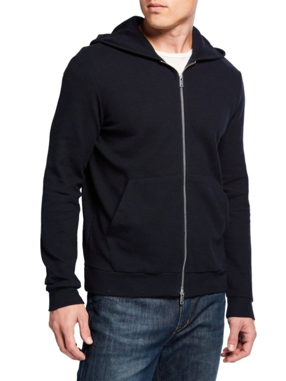 Theory Essential Full Zip-Front Waffle-Knit Hoodie Black Athleisure Size L NWT
